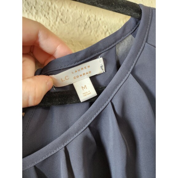 LC Lauren Conrad Top Medium Slate Blue Pleated Chiffon Lace Hem Tie Back Blouse - Picture 7 of 9